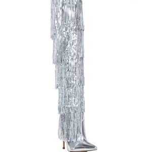 Metallic Silver Fringe Stiletto Booties